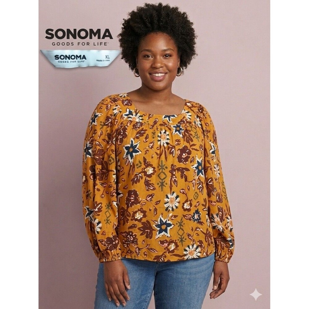 Sonoma Goods For Life Women's Floral Square Neck Puff Long Sleeve Blouse XL